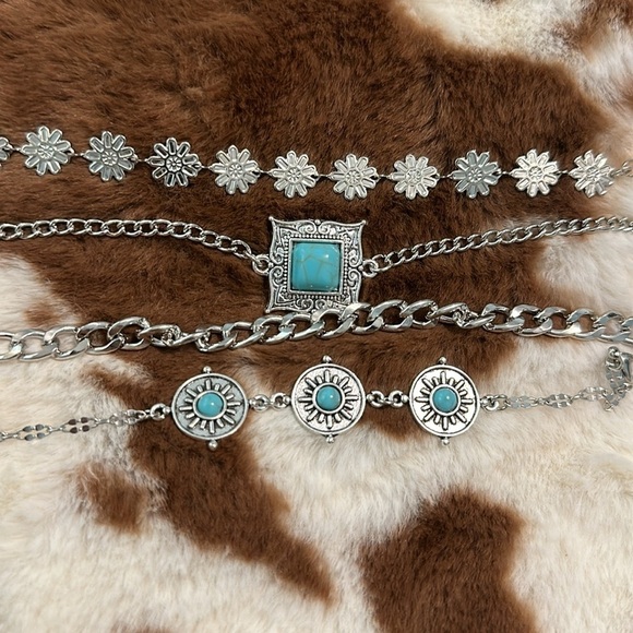 Set of 4 Adjustable Silver and Turquoise color western fashion jewelry bracelets - Picture 3 of 3